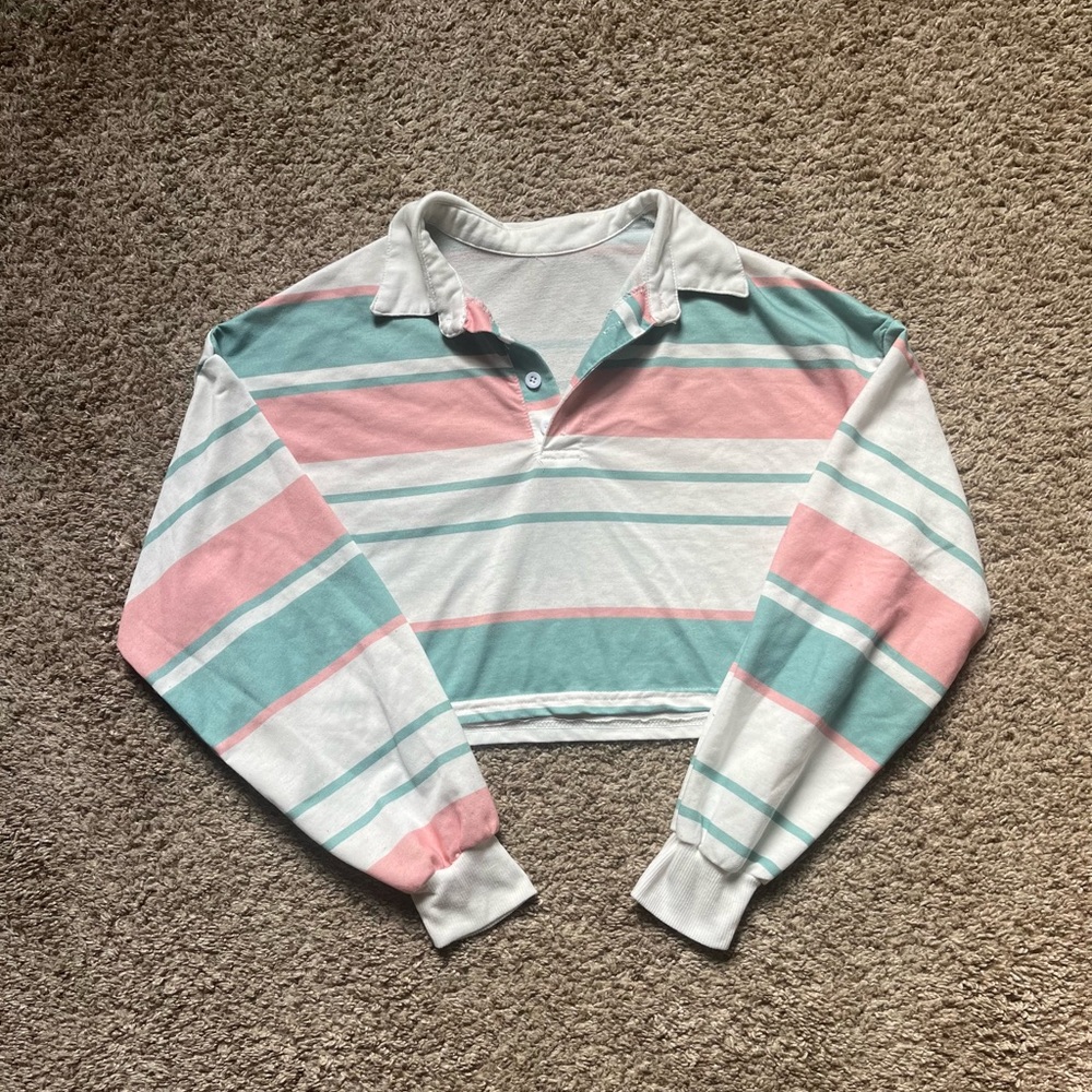 SOLD!!! Pastel Pink and Green Striped Collared Crop Top